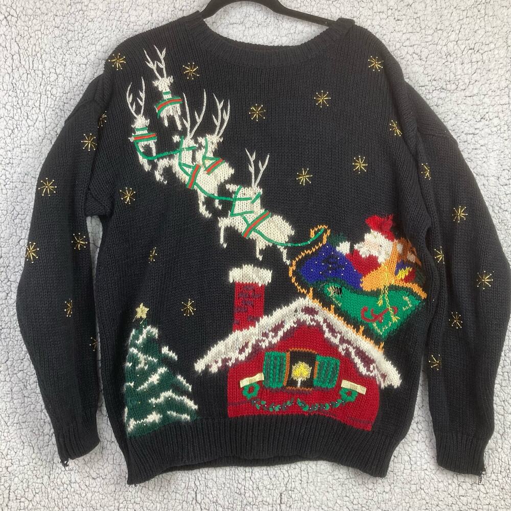 VTG Cascade Classics Ugly Christmas Knit Sweater PL Black Ramie Blend Beads Flaw